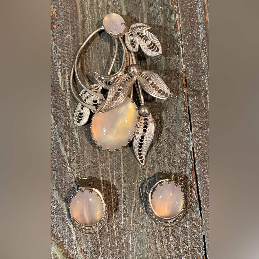 Vintage Western Germany Stamped Brooch And Earring Set Silver Metal And Stone